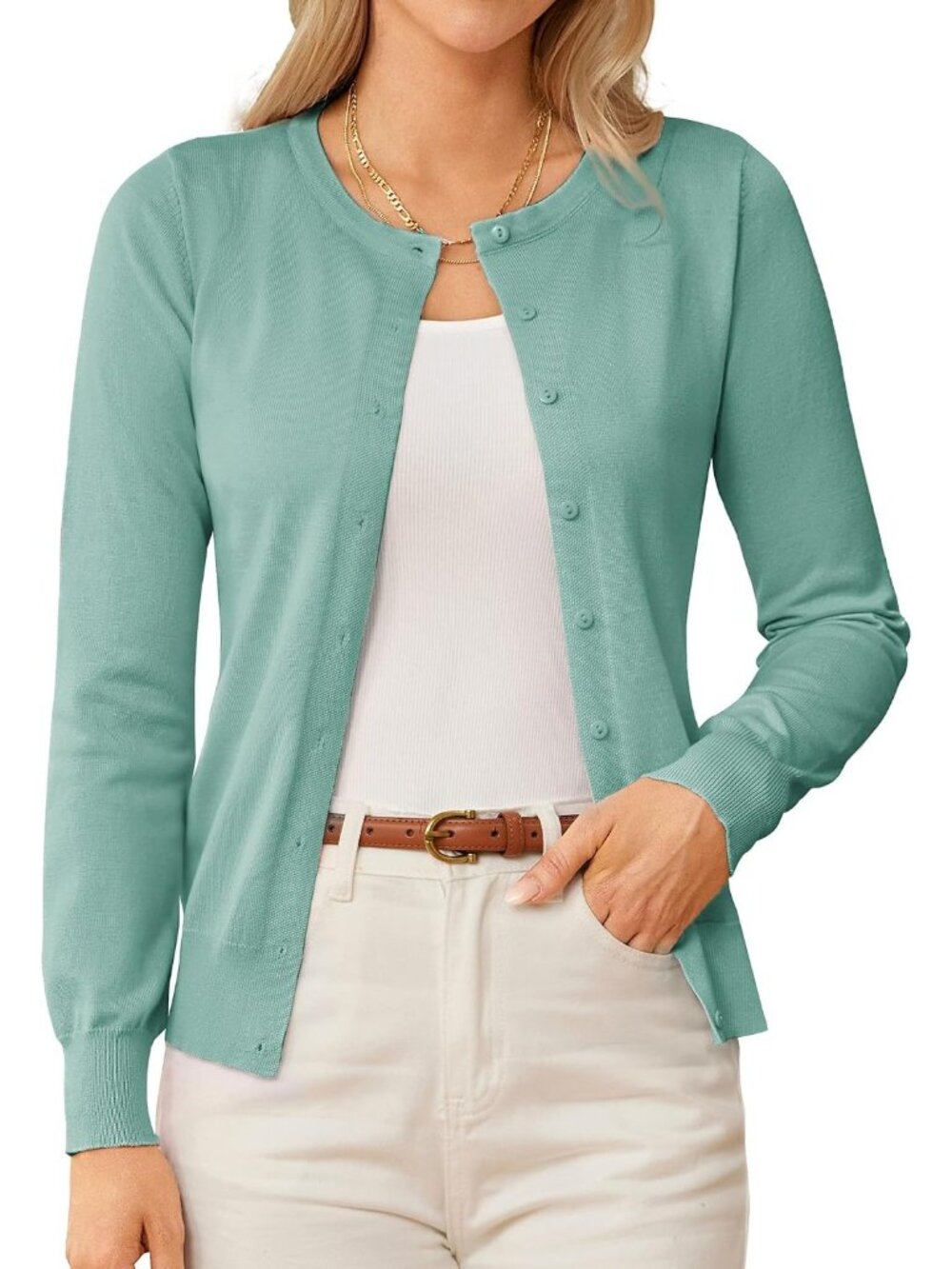 🆕Women's Mint Blue Crew-neck Knit Cardigan Sweater Lightweight Button Up